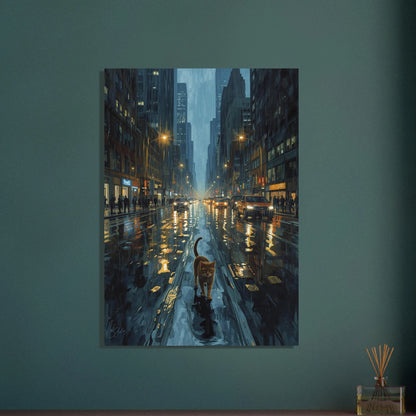 Ensam katt på regnig stadsgata i nattlig, reflekterande stämning.