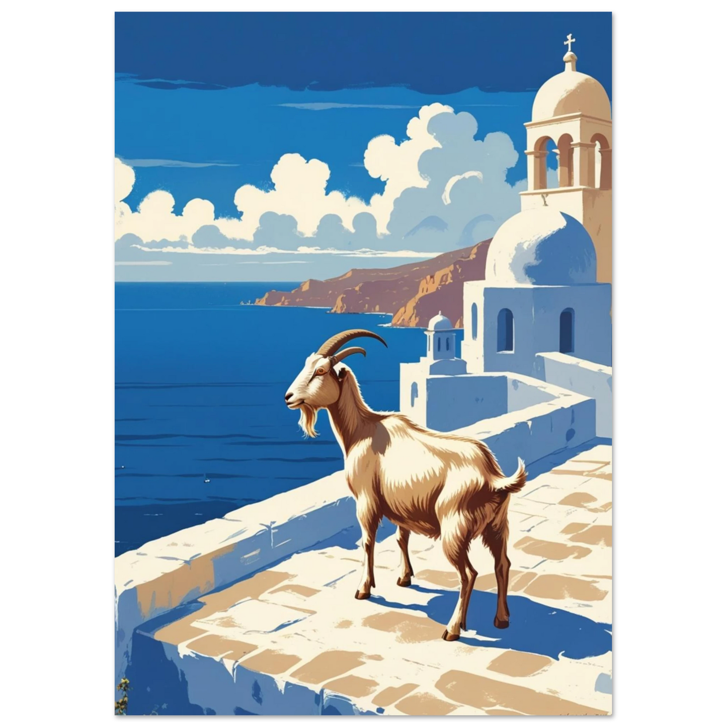 Illustration av get på en terrass i Santorini – konstnärligt djurmotiv