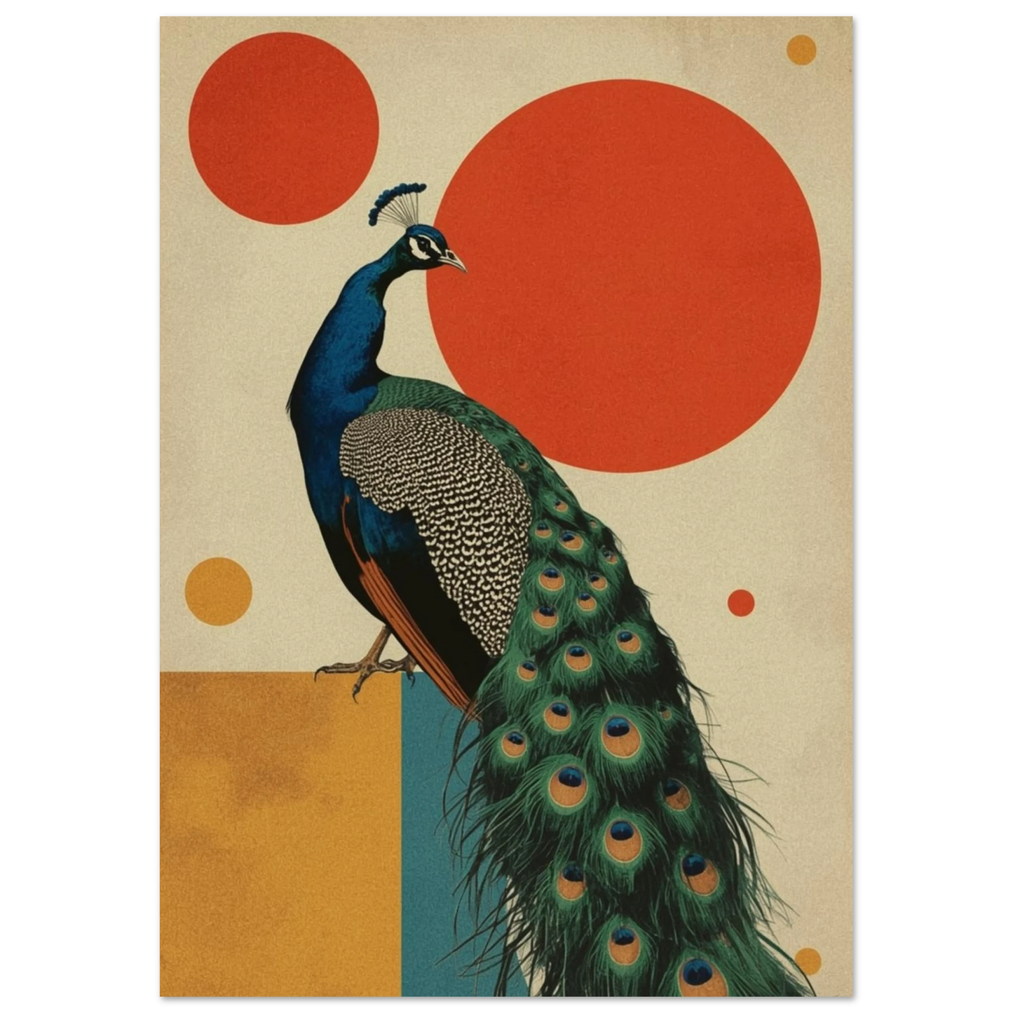 Grafiskt motiv av en påfågel med röda och gula cirklar – Retro poster