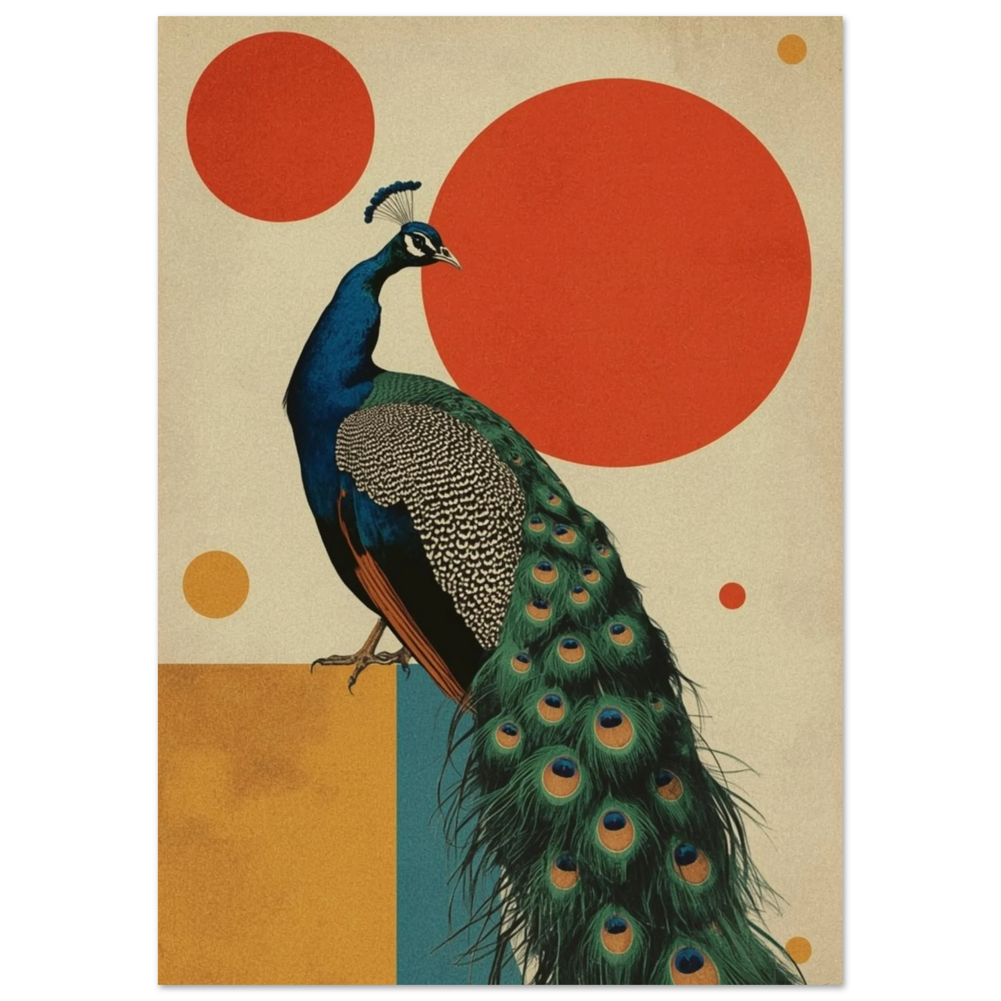 Grafiskt motiv av en påfågel med röda och gula cirklar – Retro poster