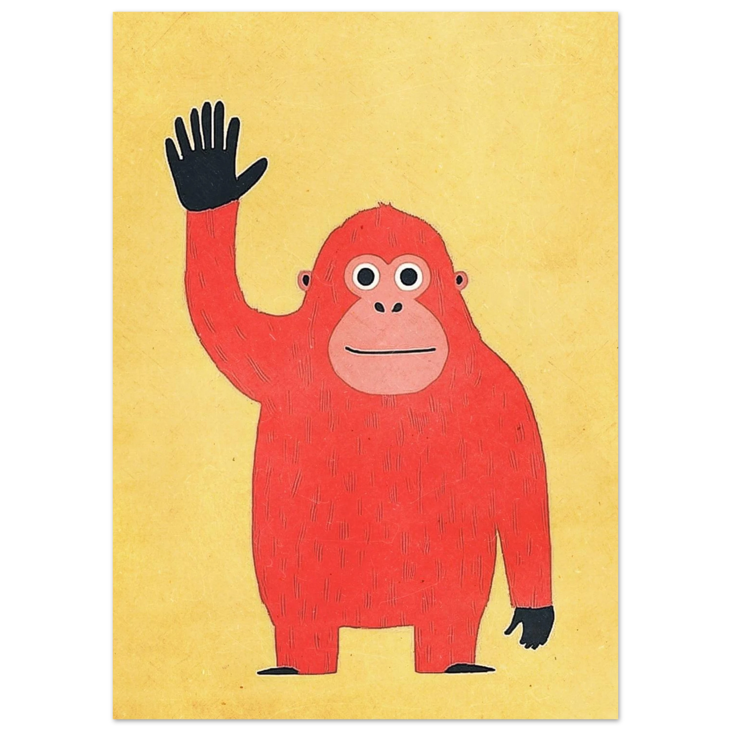 Närbild på en glad orangutang med uppsträckt hand, grafiskt djurmotiv