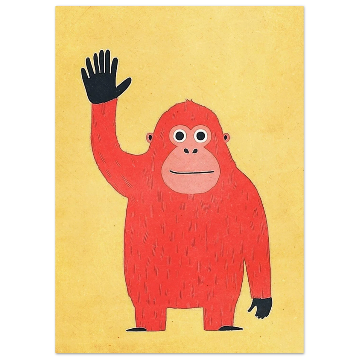 Närbild på en glad orangutang med uppsträckt hand, grafiskt djurmotiv