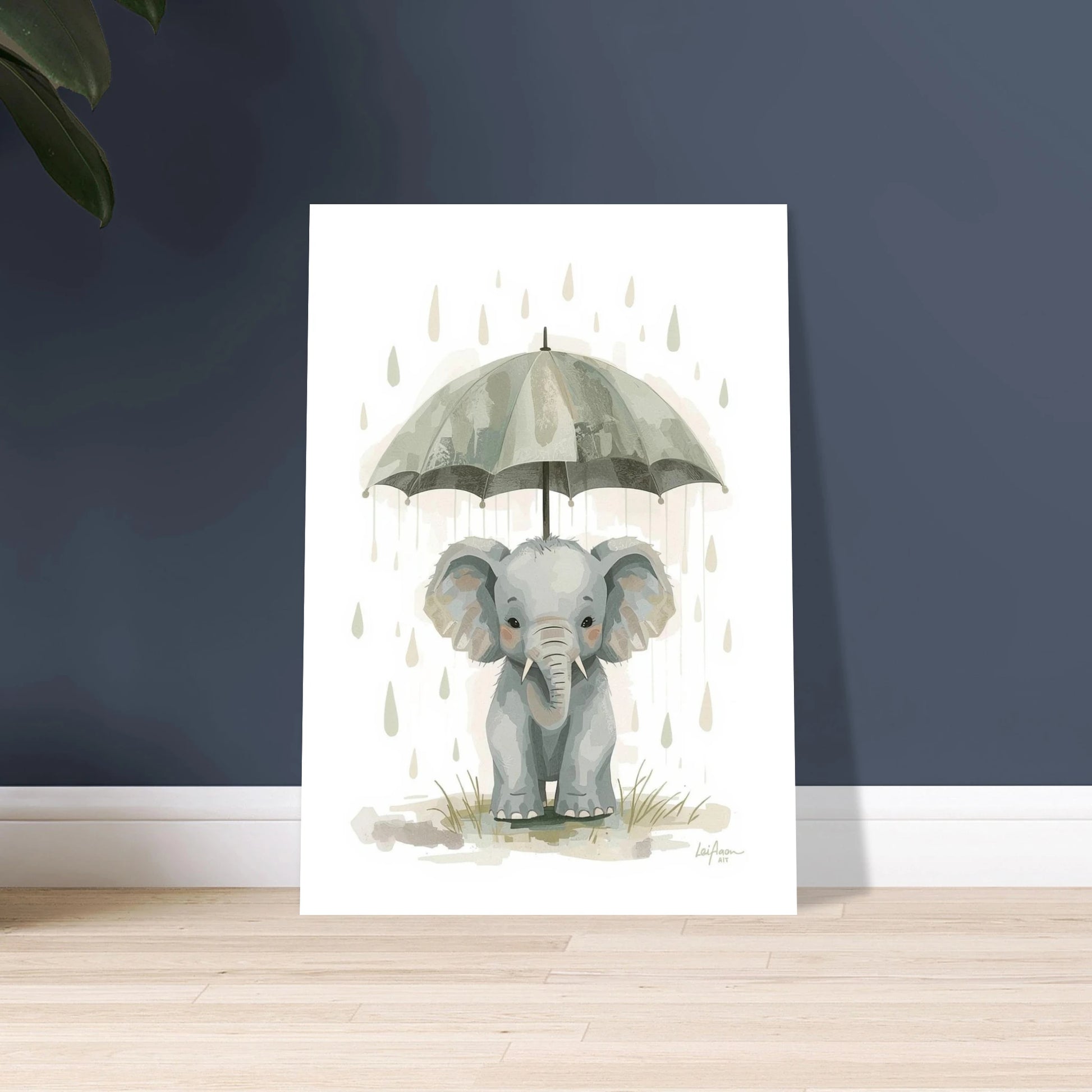 Söt elefantunge under paraply i regn, mjuk gouache-illustration