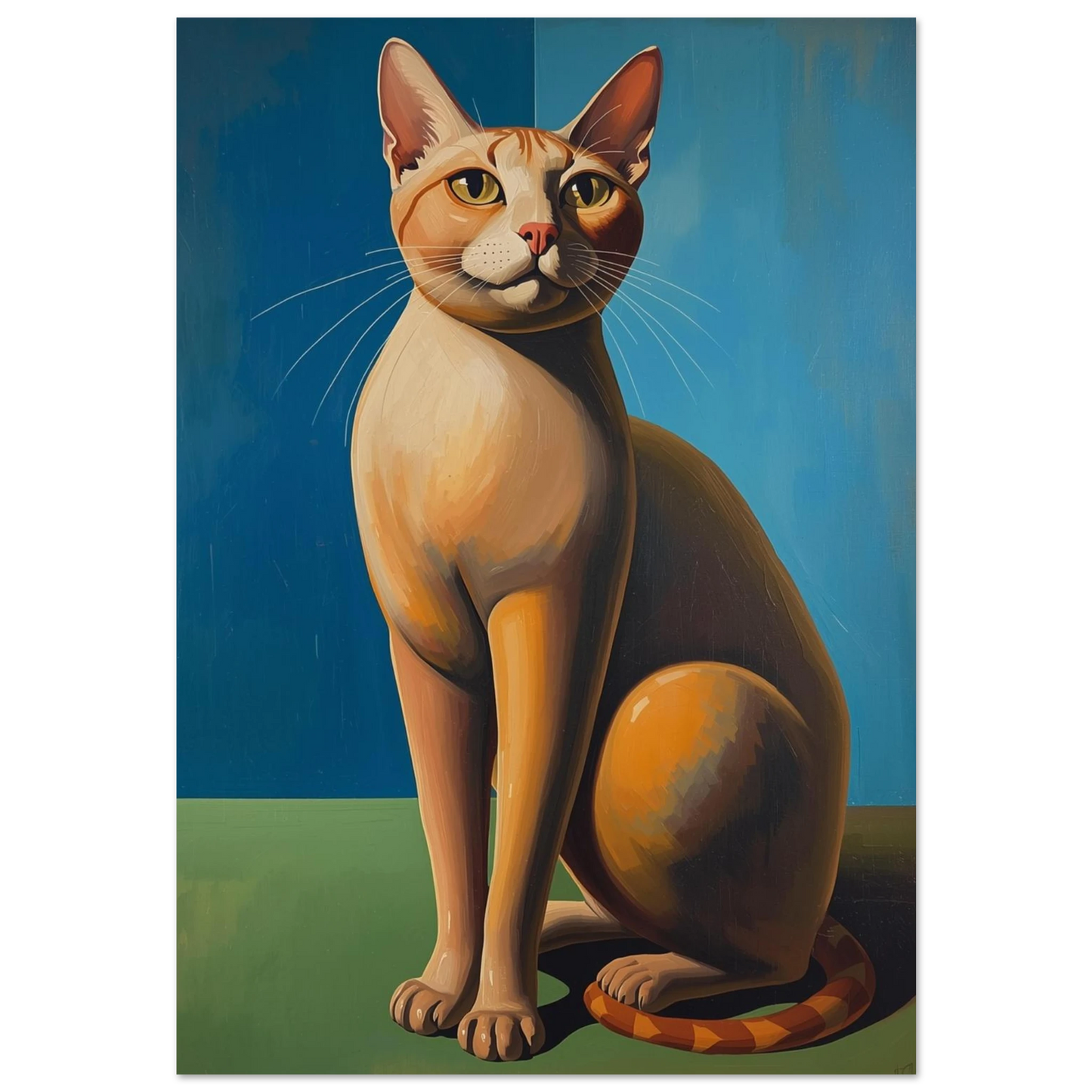 Orange katt i modernistisk stil mot blå fond – konstnärlig djurposter