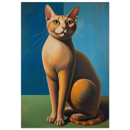 Orange katt i modernistisk stil mot blå fond – konstnärlig djurposter