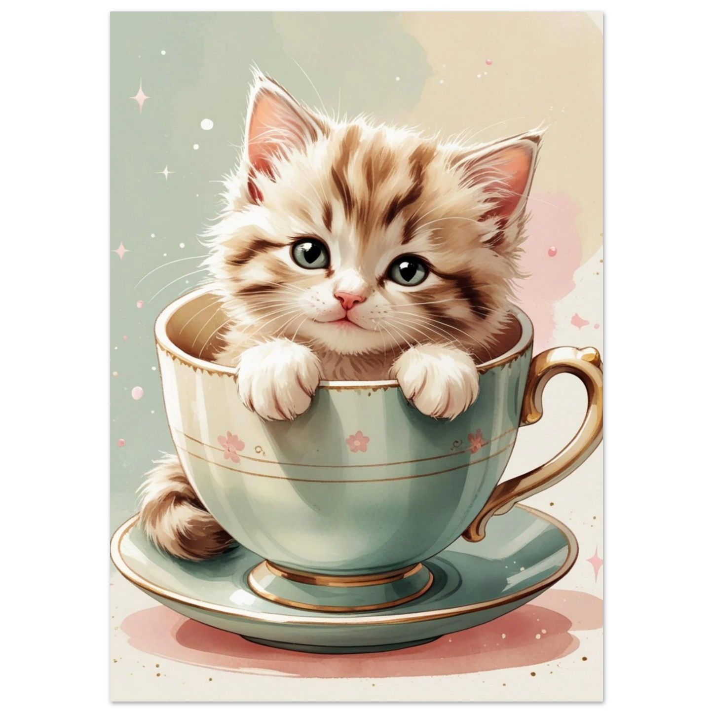 Söt katt i en vintage tekopp, digital illustration i pastell