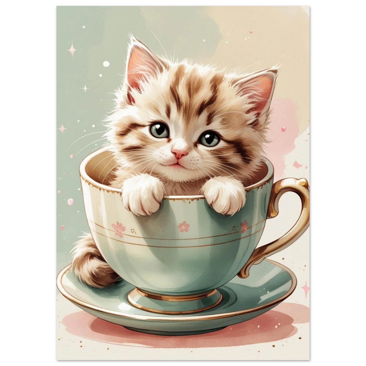 Söt katt i en vintage tekopp, digital illustration i pastell