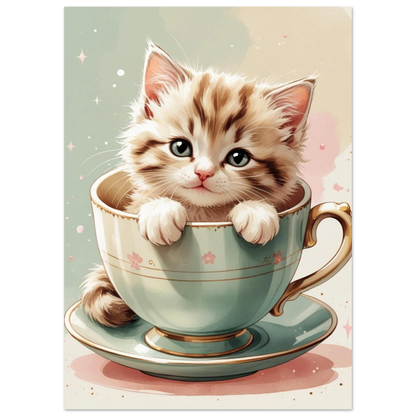 Söt katt i en vintage tekopp, digital illustration i pastell