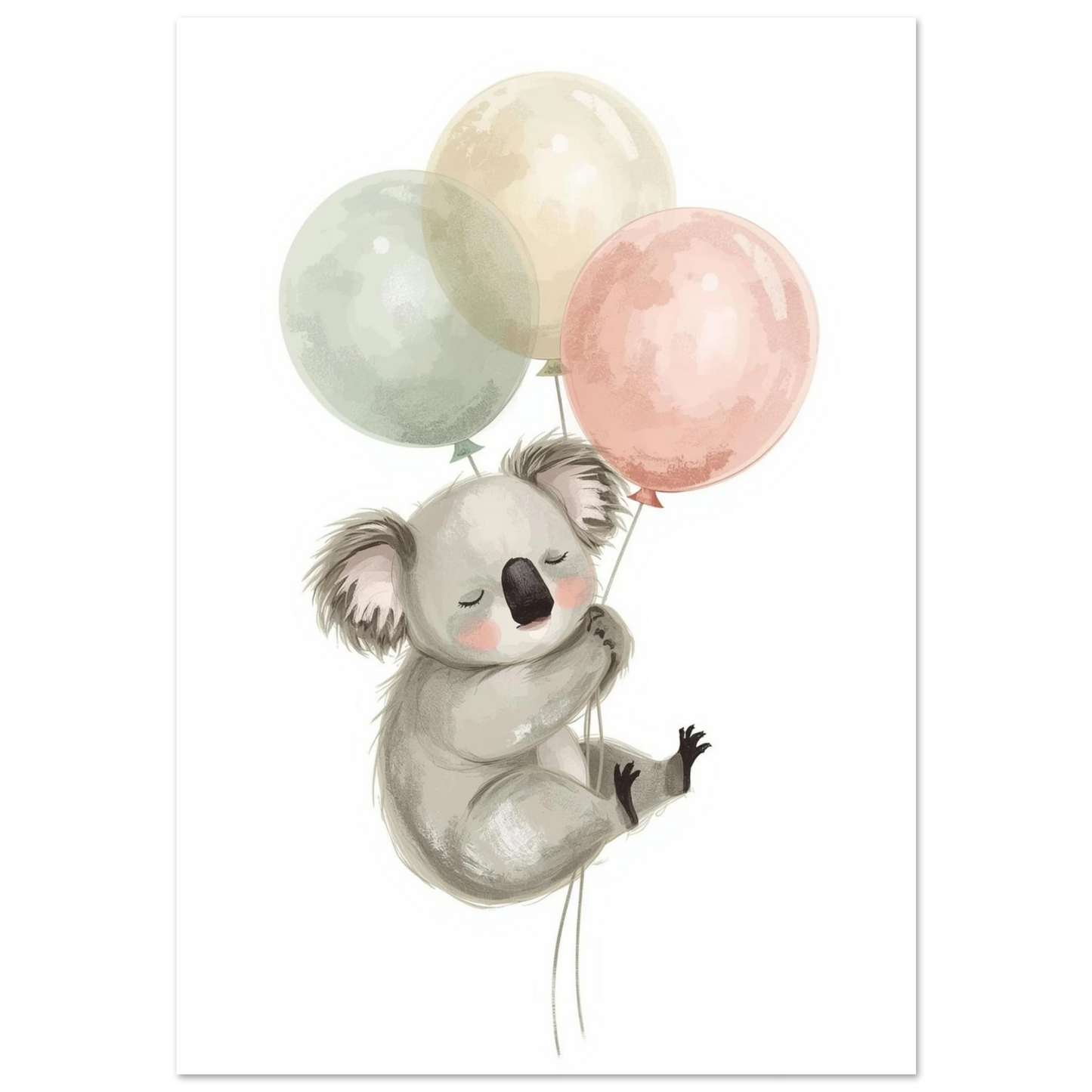 Sovande koala som svävar med tre pastellfärgade ballonger, vit bakgrund
