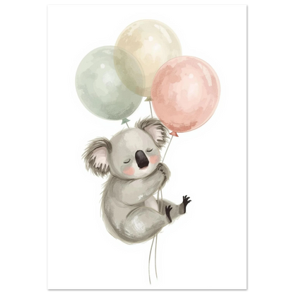 Sovande koala som svävar med tre pastellfärgade ballonger, vit bakgrund
