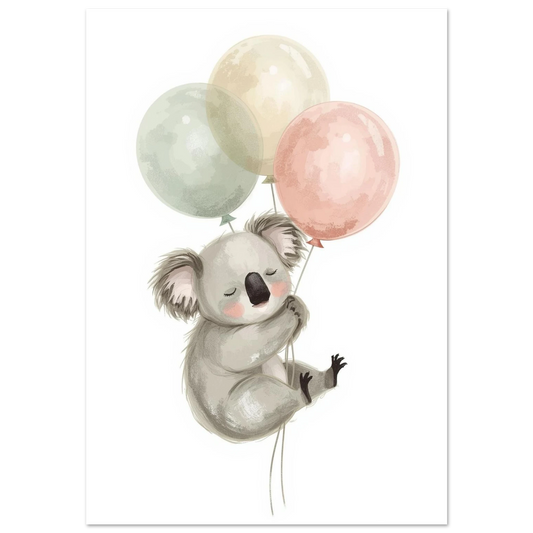 Sovande koala som svävar med tre pastellfärgade ballonger, vit bakgrund