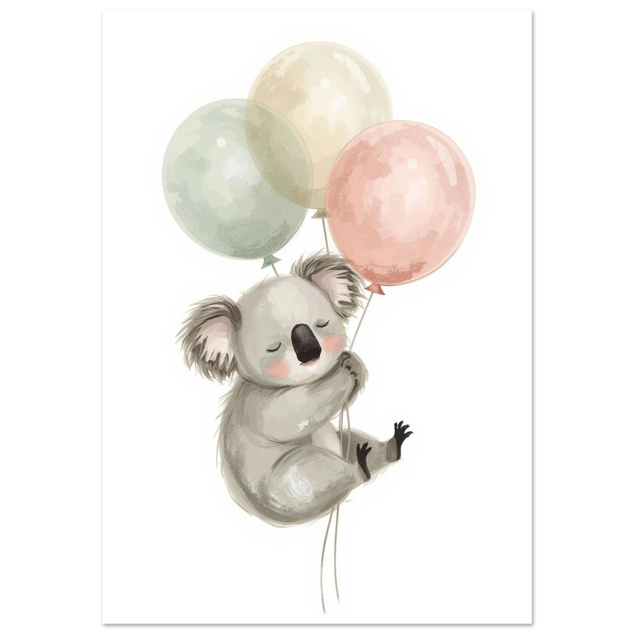 Sovande koala som svävar med tre pastellfärgade ballonger, vit bakgrund