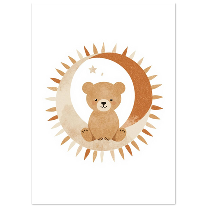 Bohemisk illustration av en nallebjörn i månen, jordnära djurmotiv