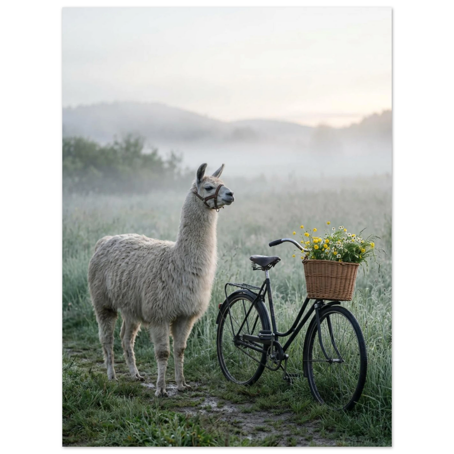 Elegant lama i dimmigt landskap bredvid vintagecykel med blommor.