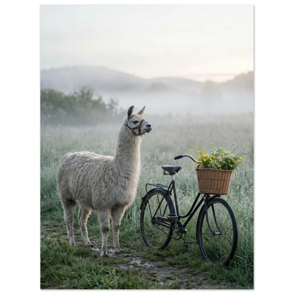 Elegant lama i dimmigt landskap bredvid vintagecykel med blommor.