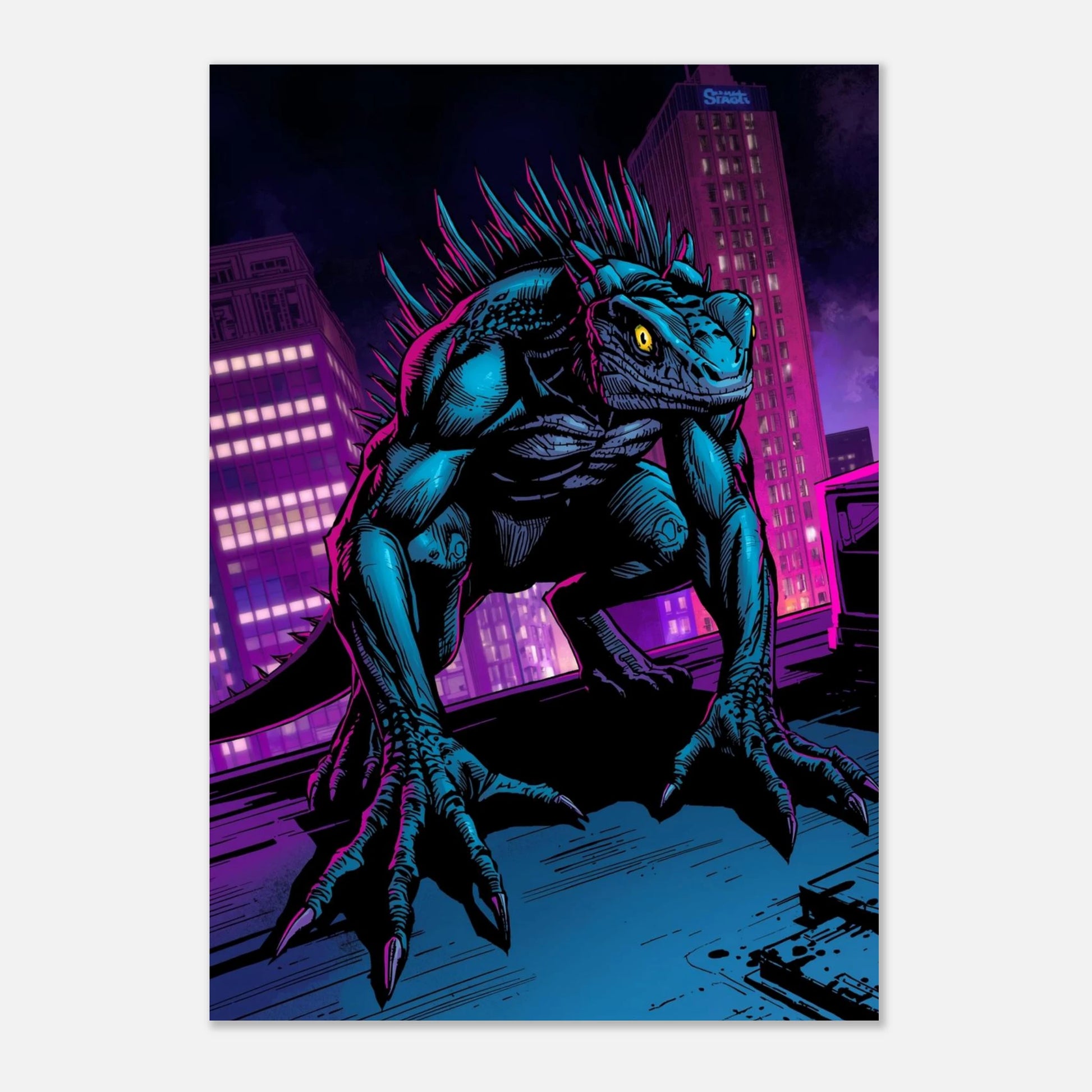 Konstnärligt print av en vaktande reptilmutant i en mörk cyberpunk-stad