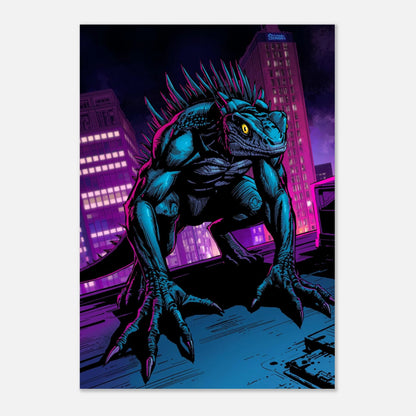 Konstnärligt print av en vaktande reptilmutant i en mörk cyberpunk-stad