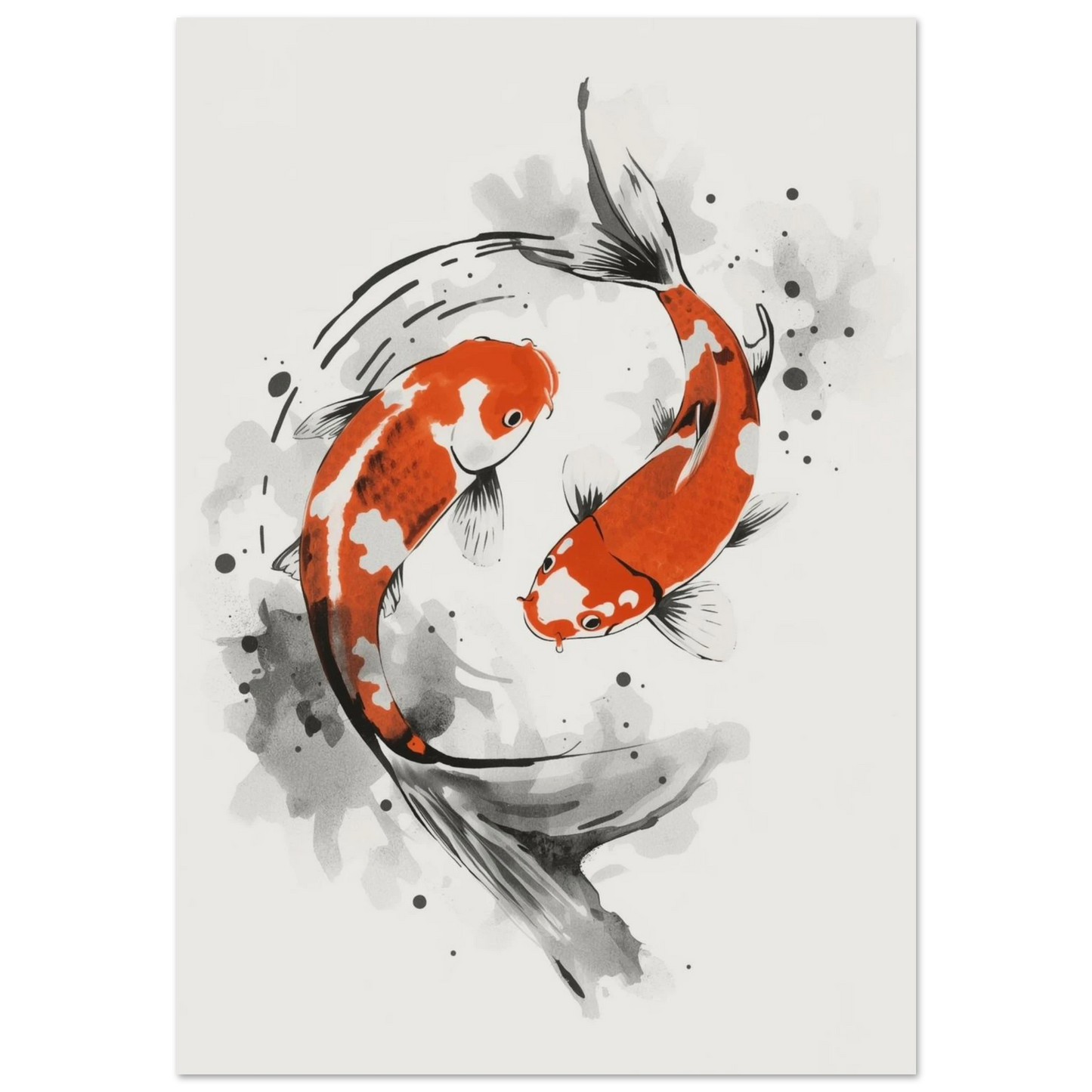 Japansk bläckillustration av två orange koi-fiskar i cirkulär rörelse
