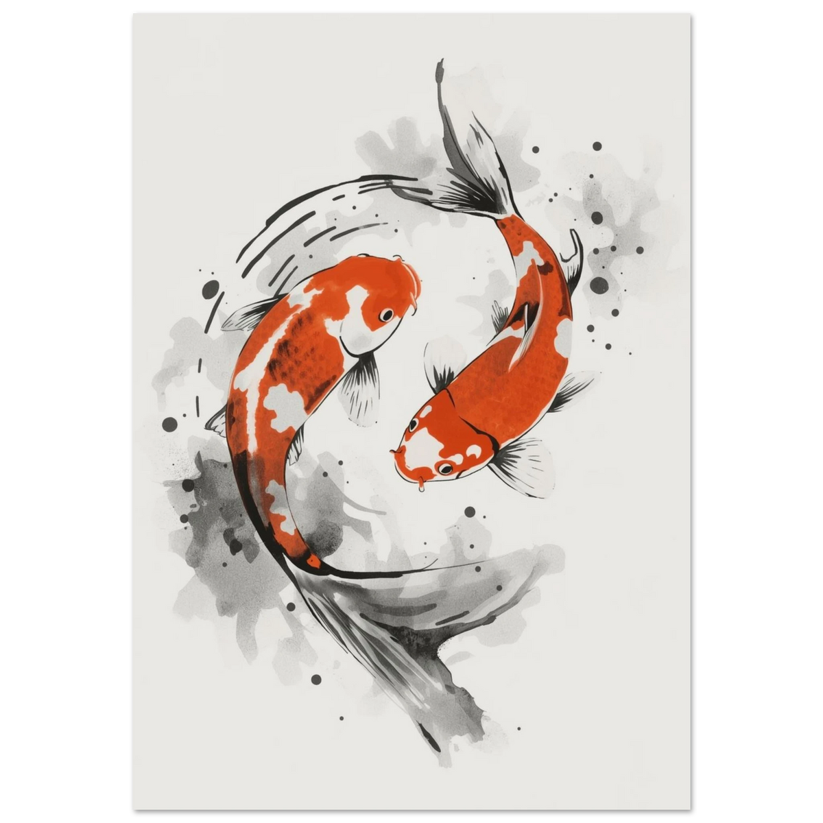Japansk bläckillustration av två orange koi-fiskar i cirkulär rörelse