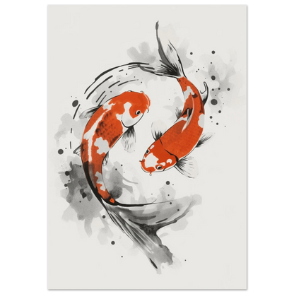 Japansk bläckillustration av två orange koi-fiskar i cirkulär rörelse