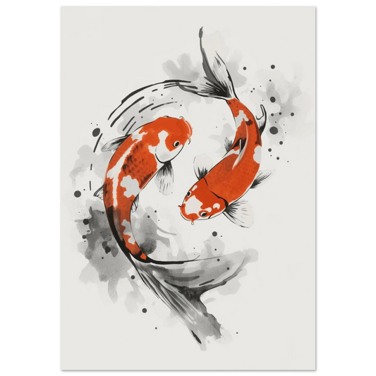Japansk bläckillustration av två orange koi-fiskar i cirkulär rörelse