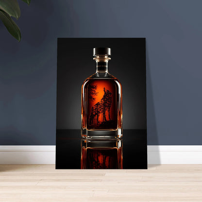 Vargmotiv formad av träd i en whiskyflaska, mystisk stämning