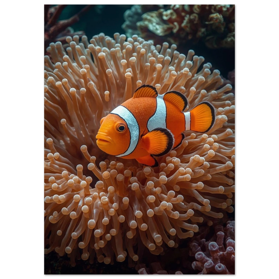 Orange clownfisk simmar bland ljusa havsanemoner – Fotorealistisk poster