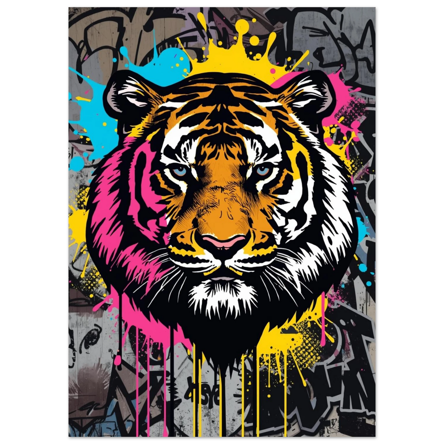 Urban tigerposter med blå ögon och neonfärgade detaljer på grå bakgrund