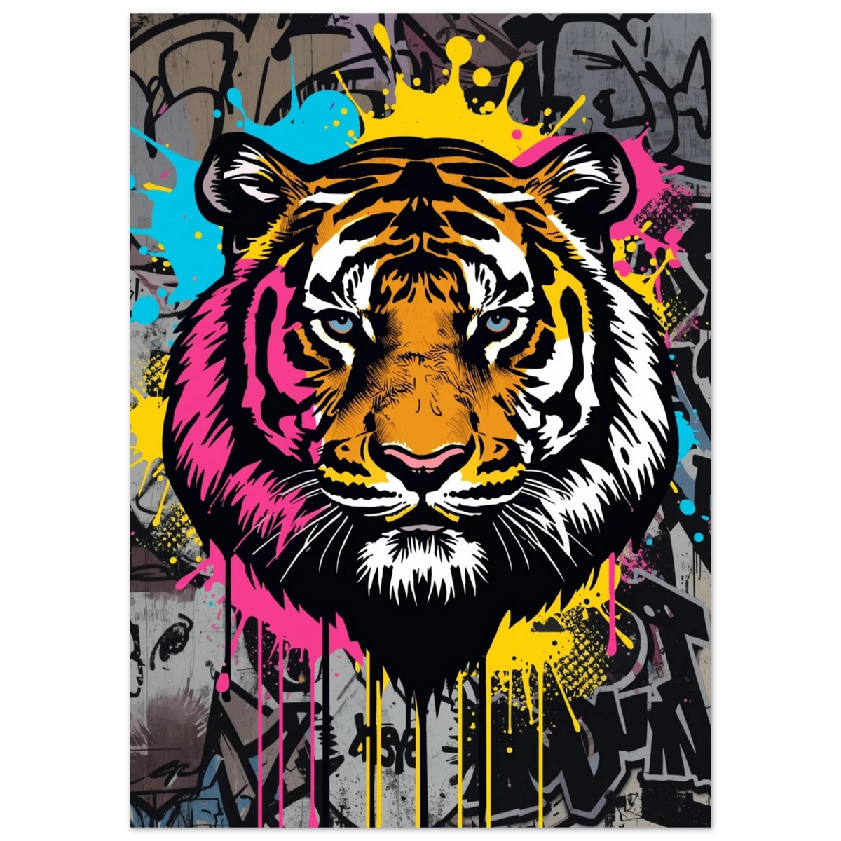 Urban tigerposter med blå ögon och neonfärgade detaljer på grå bakgrund