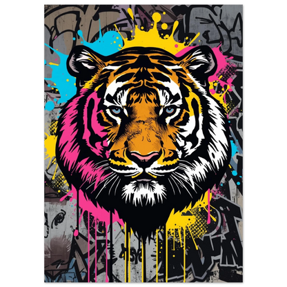 Urban tigerposter med blå ögon och neonfärgade detaljer på grå bakgrund