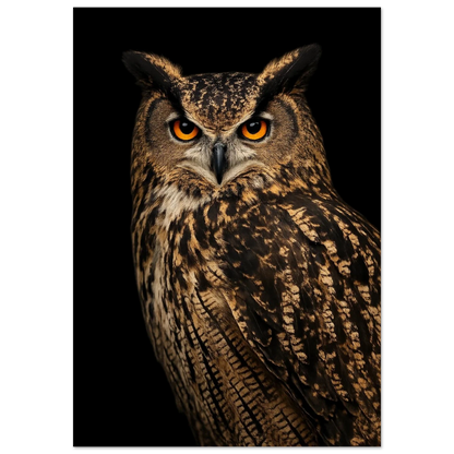Berguv med orange ögon i närbild mot svart bakgrund framifrån – Fotorealistisk poster