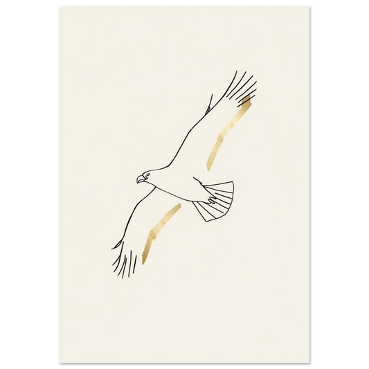 Minimalistisk linjekonst av en flygande örn med gulddetaljer på en poster – Tecknad poster