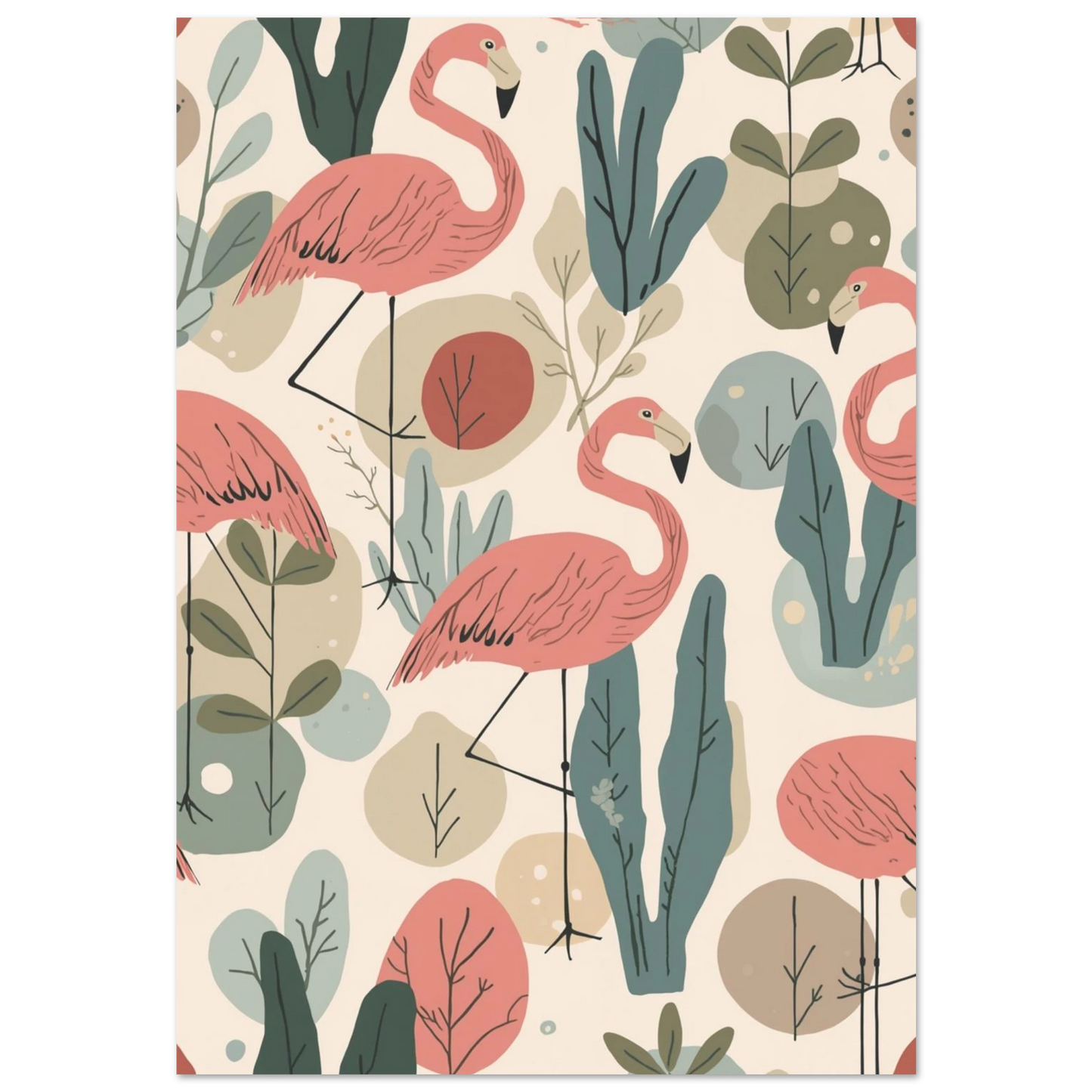 Rosa flamingos i ett mönster med gröna blad, retro illustration