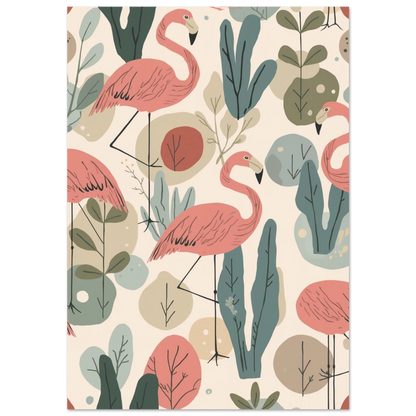 Rosa flamingos i ett mönster med gröna blad, retro illustration