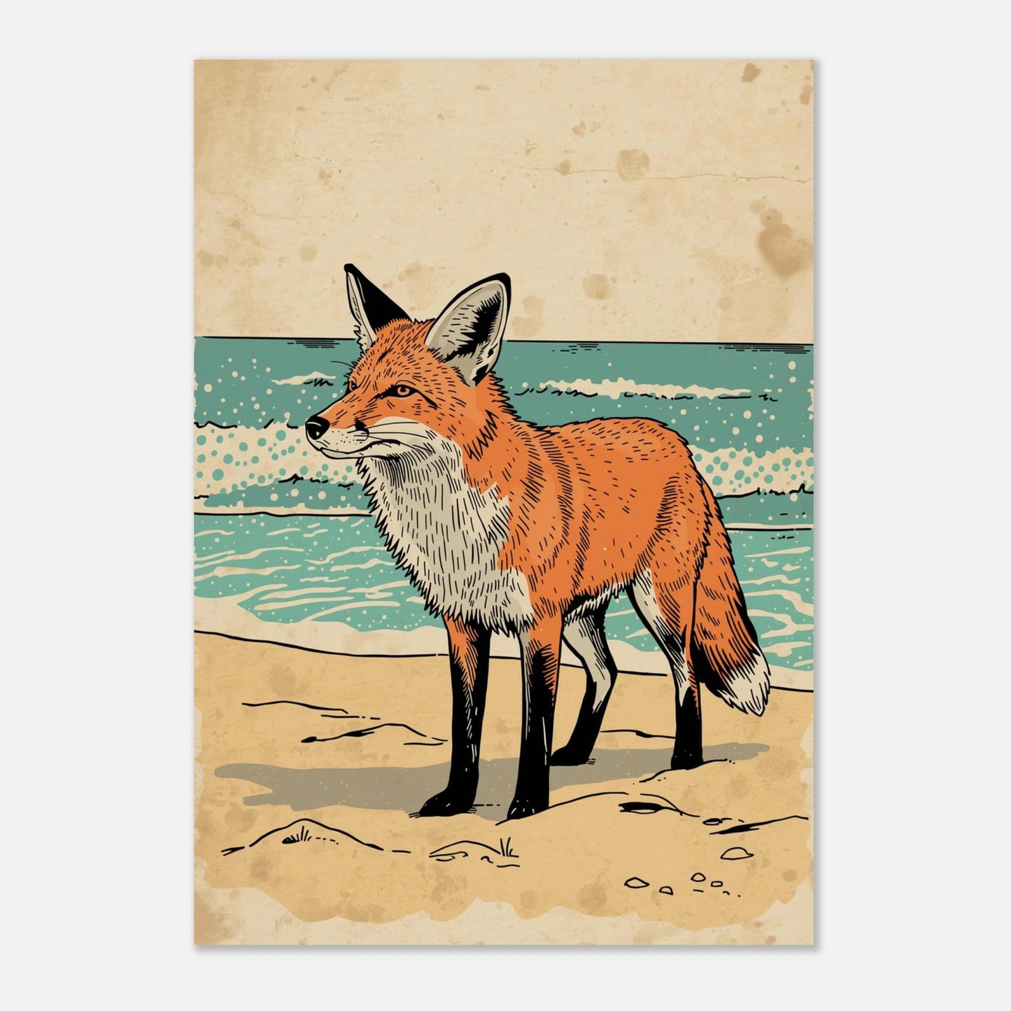 Stiliserad räv vid havet, väggkonst med varma orangea och blå toner