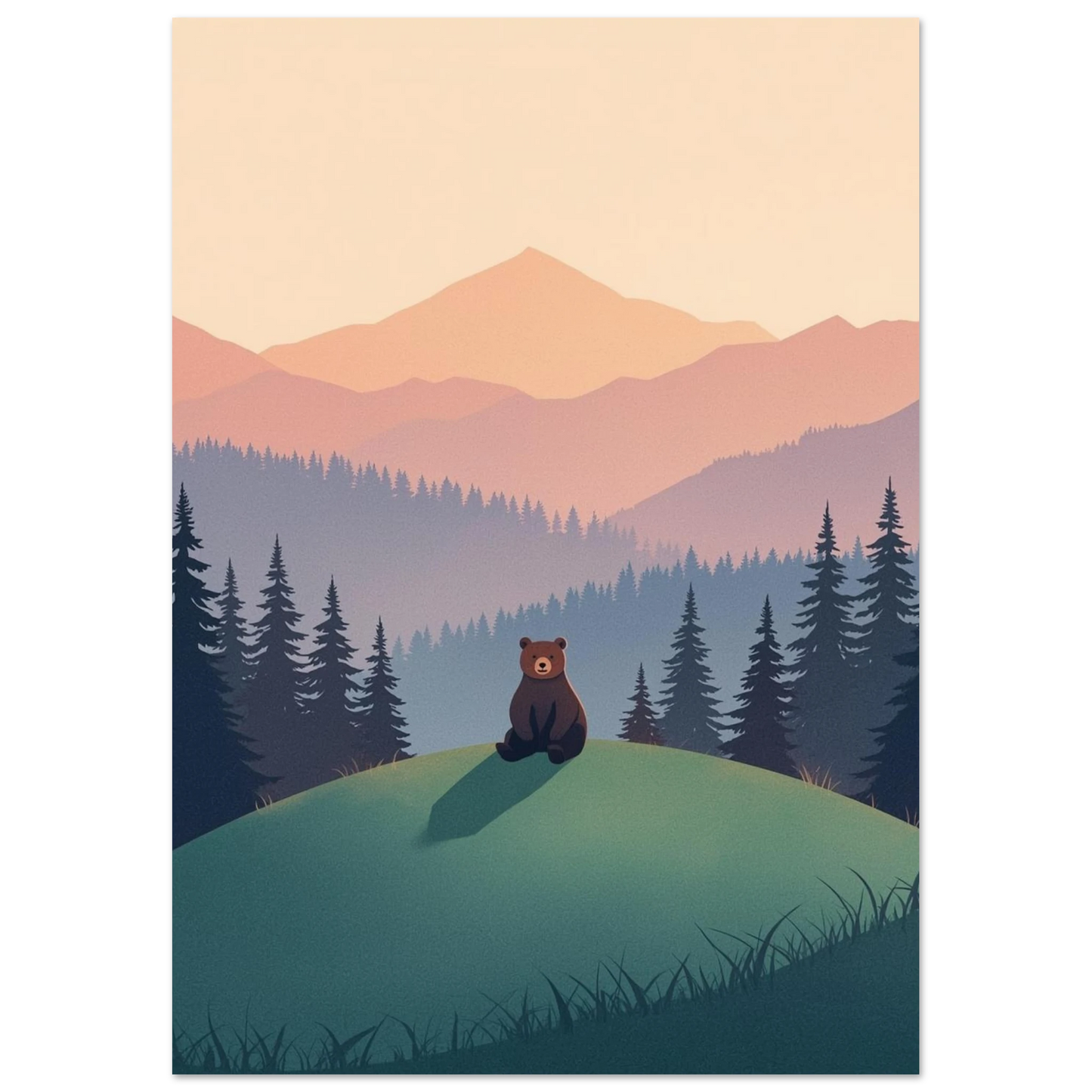 Minimalistisk björnillustration med lila och orangea bergstoppar, grafiskt tryck