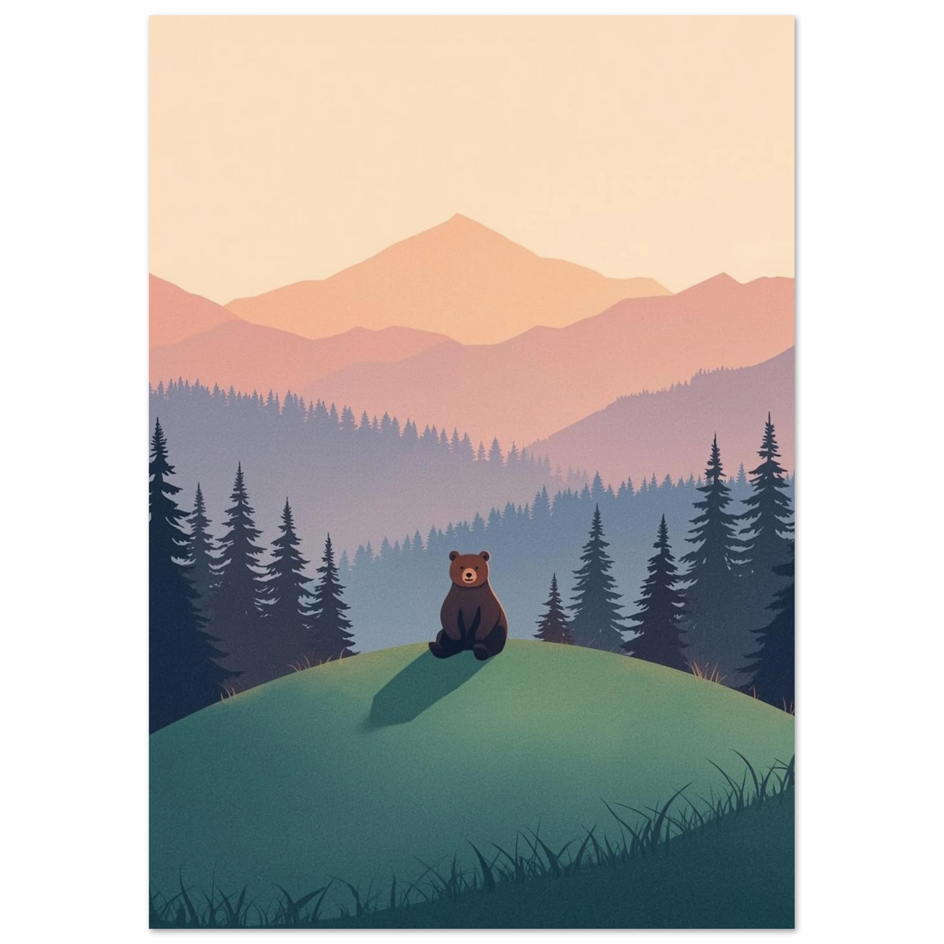 Minimalistisk björnillustration med lila och orangea bergstoppar, grafiskt tryck