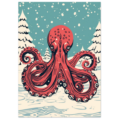 Stiliserad illustration av en röd bläckfisk i ett snöfall