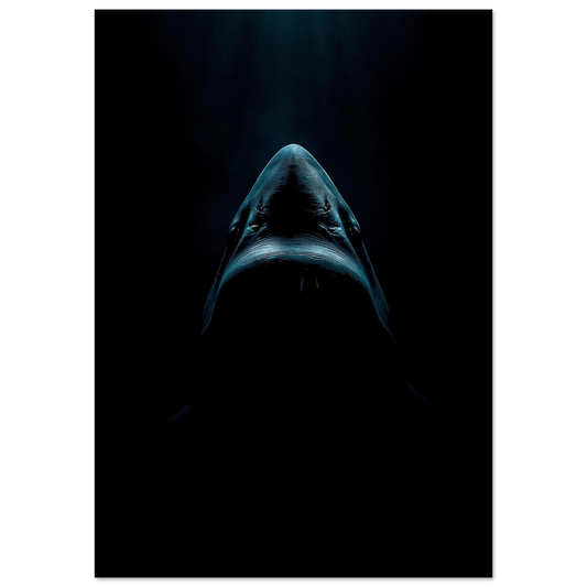 Haj sedd underifrån i mörkt vatten – Fotorealistisk poster