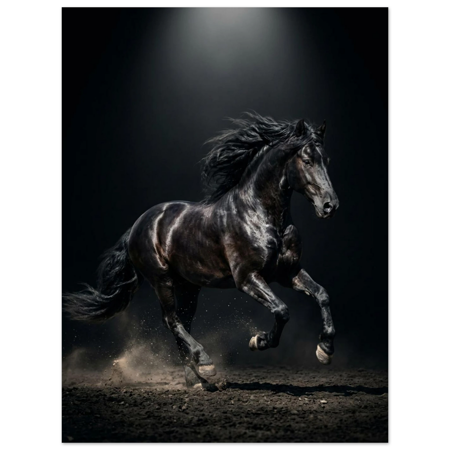 Svart häst i full galopp, manen flödar, dramatisk belysning, kraftfullt djurmotiv.