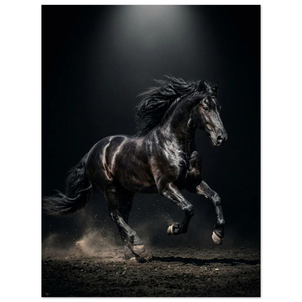 Dramatisk djurposter med en muskulös svart hingst i rörelse