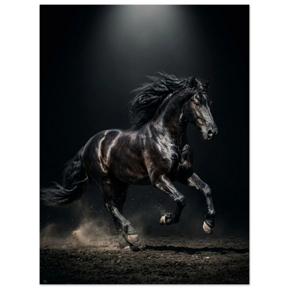 Svart häst i full galopp, manen flödar, dramatisk belysning, kraftfullt djurmotiv.
