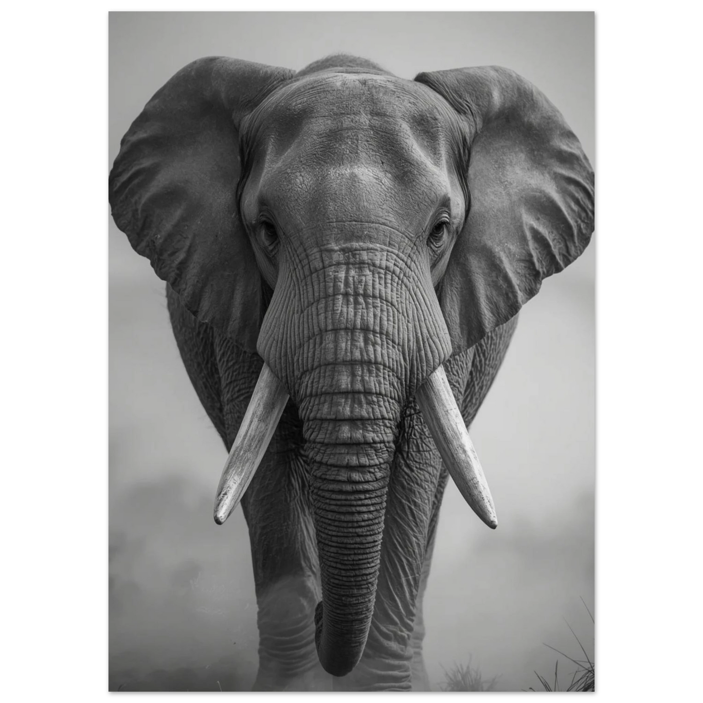 Naturfotografi i svartvitt föreställande en elefant sedd framifrån