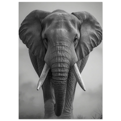 Naturfotografi i svartvitt föreställande en elefant sedd framifrån