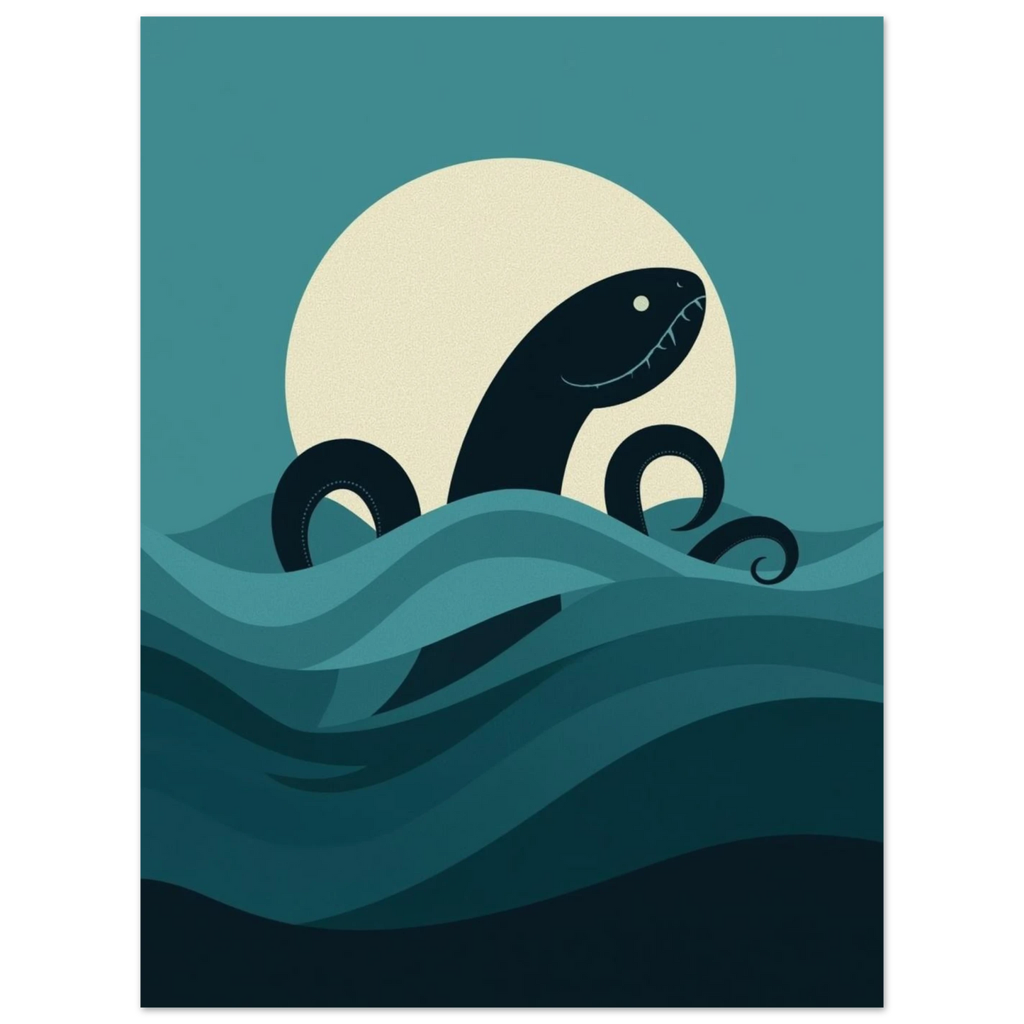 Marin illustration av en Kraken i månsken med vågor i lager
