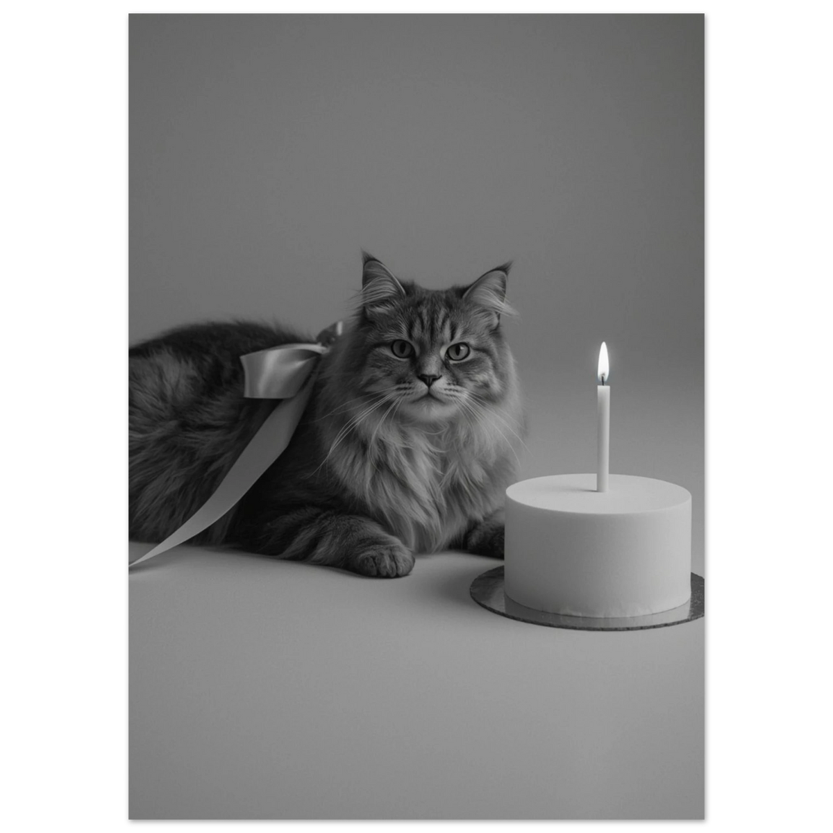 Svartvit fotokonst av katt med rosett bredvid födelsedagstårta