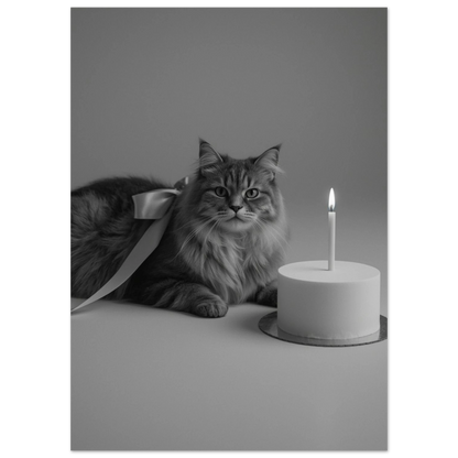 Svartvit fotokonst av katt med rosett bredvid födelsedagstårta