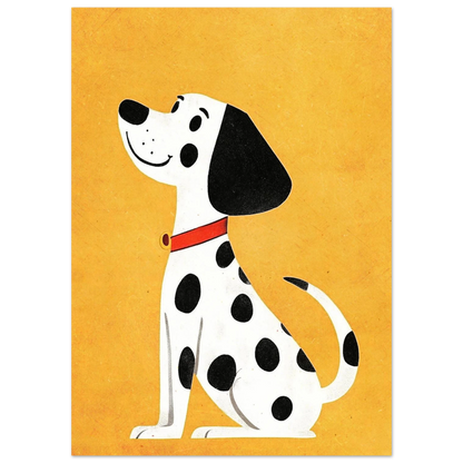 Grafisk illustration av en leende fläckig dalmatinerhund på gul botten