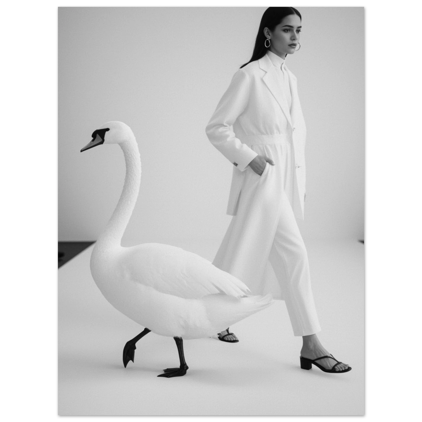 Elegant modefotografi med svan och kvinna i profil – svartvit poster