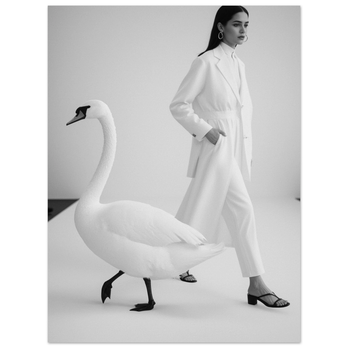 Elegant modefotografi med svan och kvinna i profil – svartvit poster